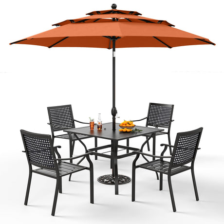 PHI VILLA 5 Pieces Patio Dining Set for 4 with 10ft Patio Umbrella, Metal Outdoor Stackable Wrought Iron Chair Set of 4 & 37" Metal Dining Table,3 Tier Vented Market Table Orange Red Umbrella PHI VILLA