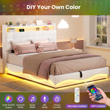 BTHFST Lift Up Storage Twin Bed Frame with Charging Station, LED Lights Storage Headboard with Hidden Cubby, Velvet Upholstered Princess Twin Bed with with Hydraulic Storage, for Girls, Creamy White BTHFST