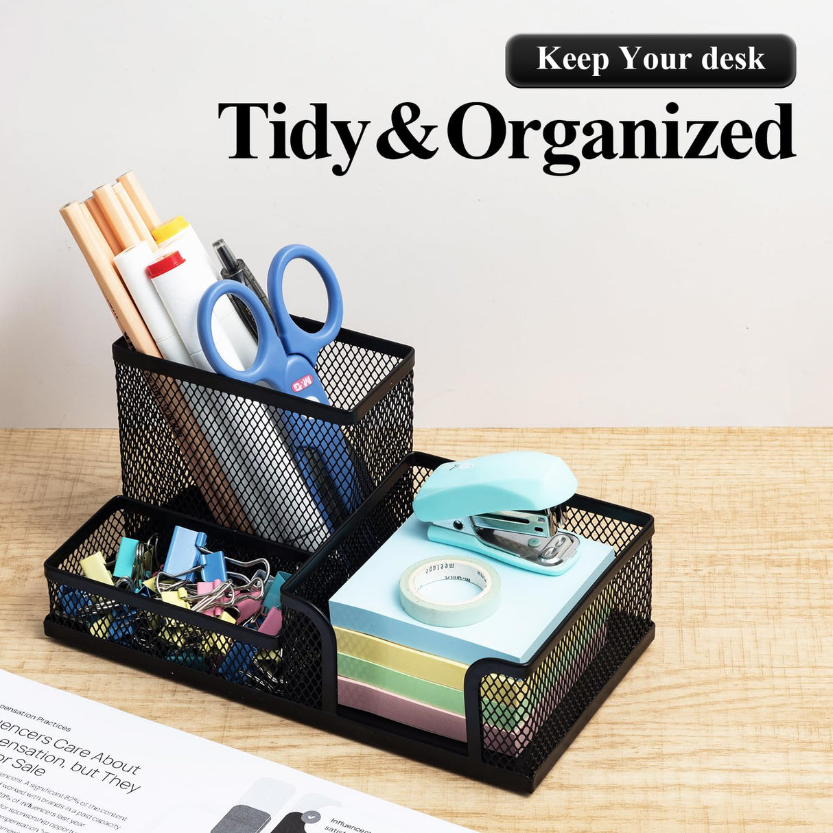 M&G Mesh Pen Holder Desk Organizers Pencil Holder for Desk Black, 3 Compartments Metal Office Supply Organizer with Sticky Notes Holder for School Home Office M&G
