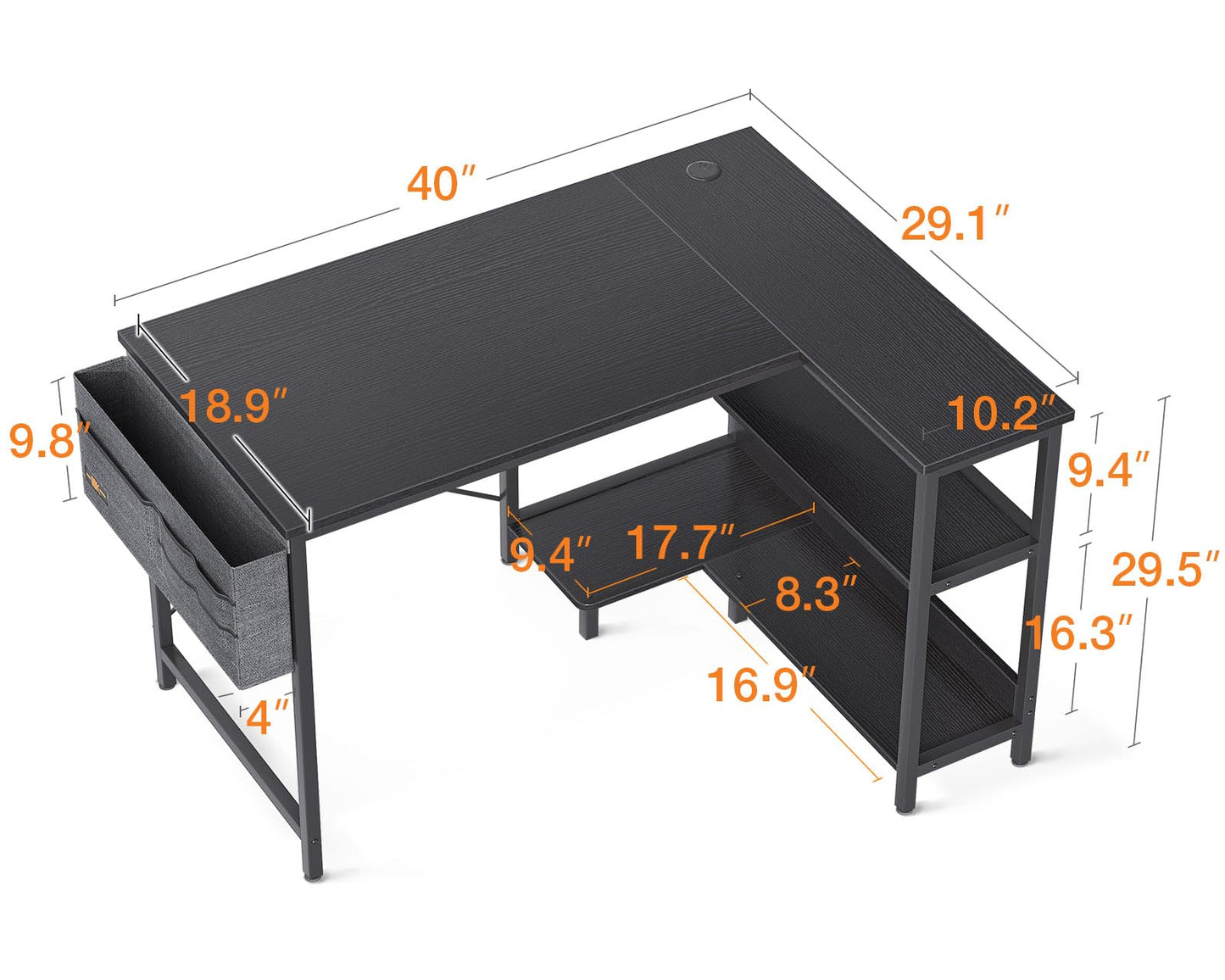 ODK 40 Inch Small L Shaped Gaming Computer Desk with Power Outlets, Reversible Storage Shelves & PC Stand for Home Office, Simple Writing Study Table with Storage Bag for Small Space, Black - WoodArtSupply