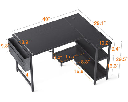 ODK 40 Inch Small L Shaped Gaming Computer Desk with Power Outlets, Reversible Storage Shelves & PC Stand for Home Office, Simple Writing Study Table with Storage Bag for Small Space, Black - WoodArtSupply