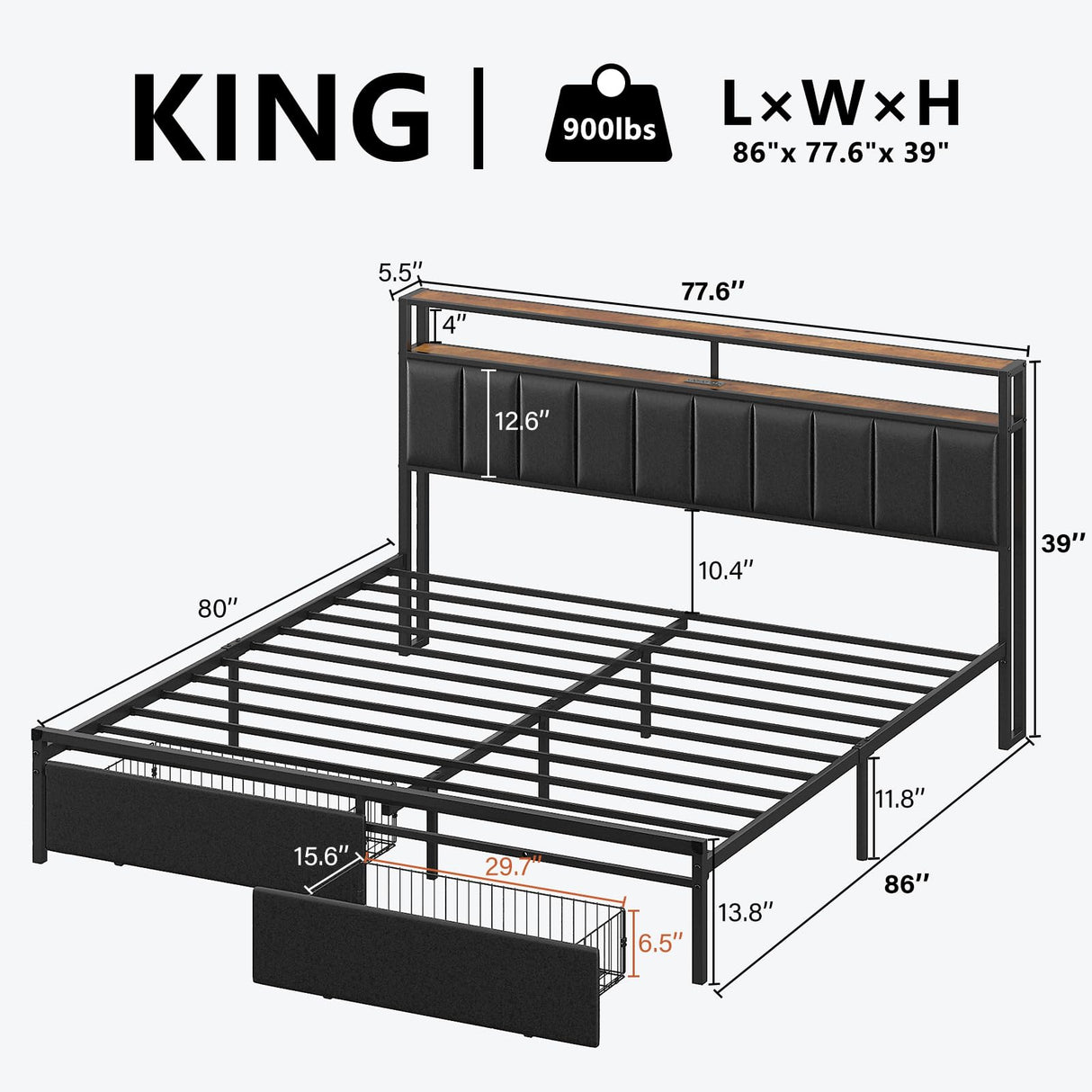 LUXOAK King Bed Frame with RGB LED Lights, 2 Drawers, and Charging Station in Black LUXOAK