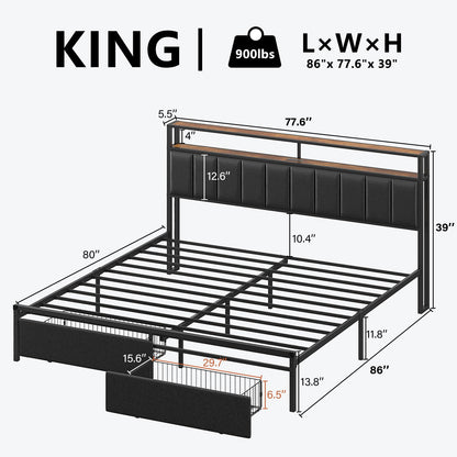 LUXOAK King Bed Frame with RGB LED Lights, 2 Drawers, and Charging Station in Black - WoodArtSupply