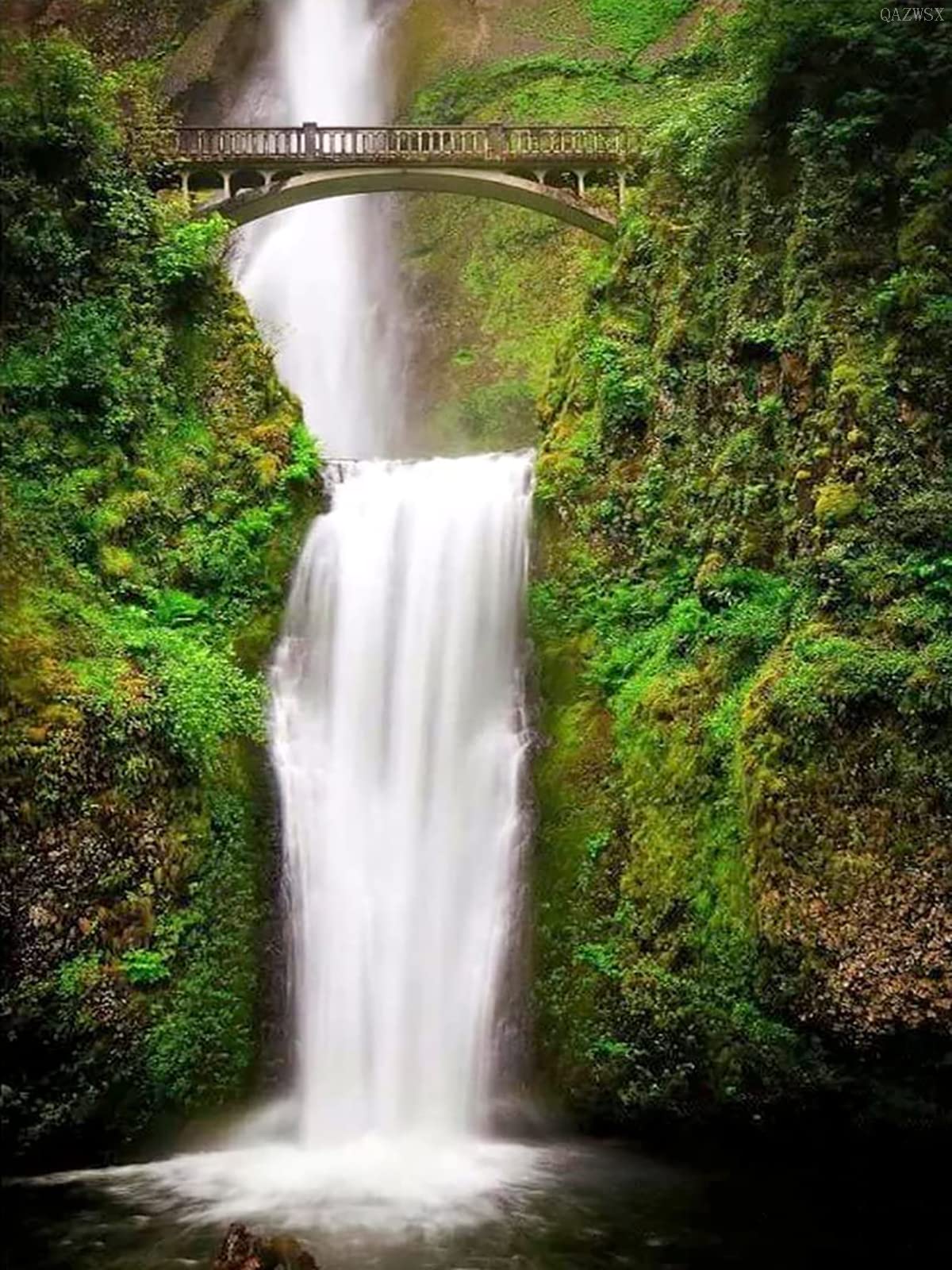 QAZWSX 5D Diamond Painting Kits, Falls of Waterfall Oregon with Bridge Scene Painting Arts Craft Canvas Full Drill Cross Stitch for Home Wall Decor, 12x16 Inch QAZWSX