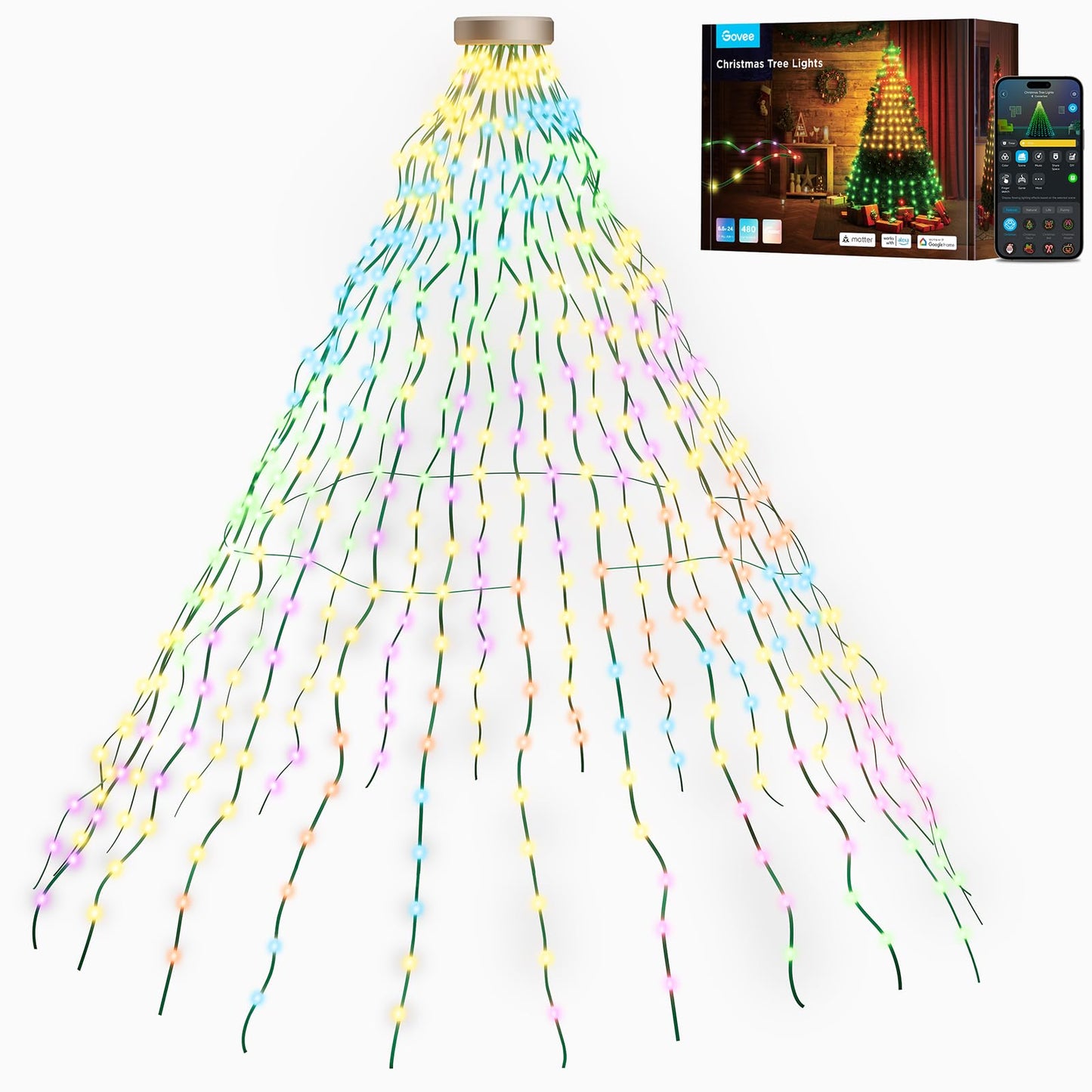 Govee Christmas Tree Lights, Smart RGBIC 480 LEDs Christmas Lights Outdoor, 6.6ft × 24 String Lights for Holiday Decor, IP65 Waterproof, Music Sync, Voice Control, 60+ Scene Modes, Green Wire