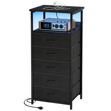 Fixwal Tall Nightstand with Charging Station and LED Lights, Night Stand with PU Finish Fabric Storage Drawers, 5 Drawer Dresser, Black Fixwal