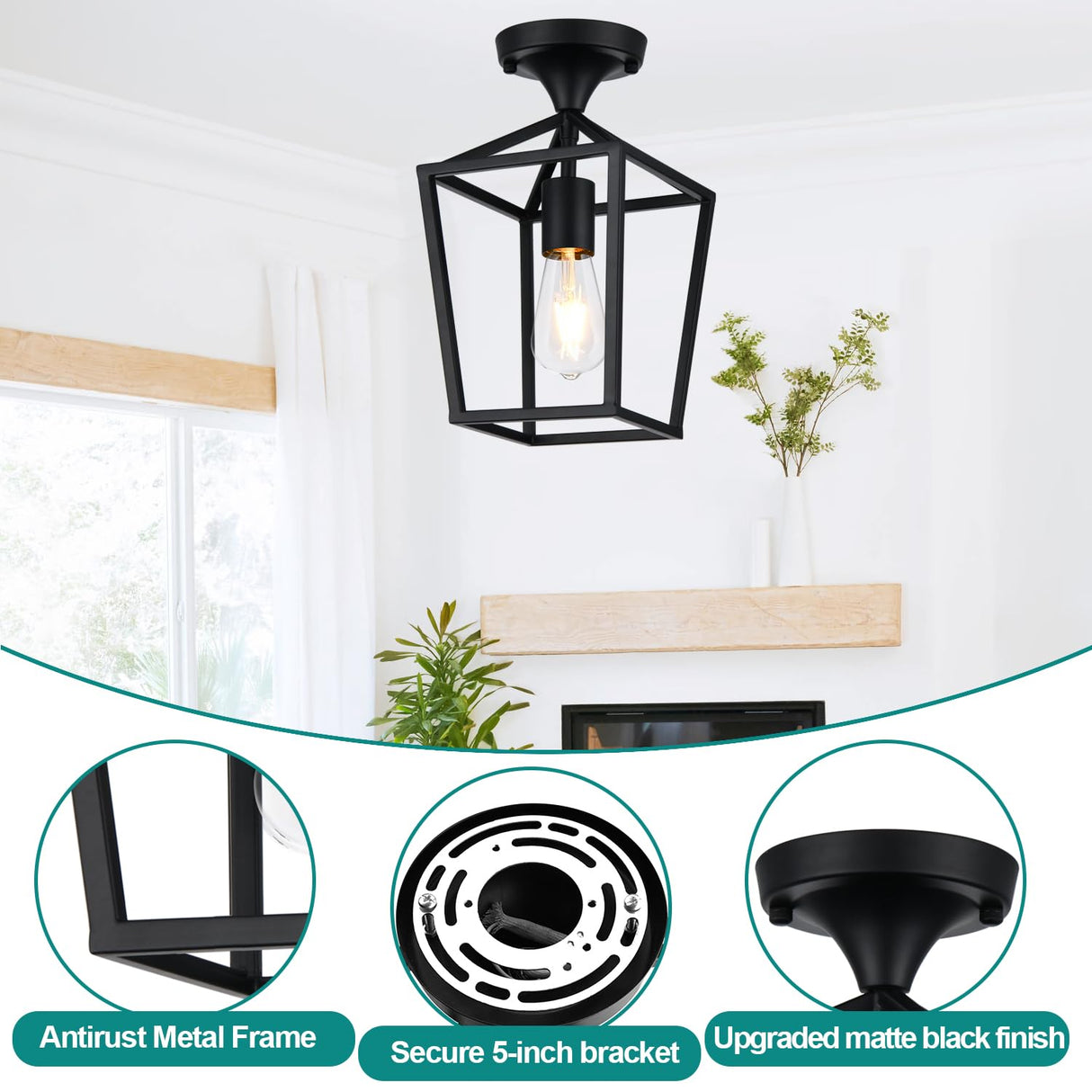 【Upgraded】 Semi Flush Mount Ceiling Light, Black Industrial Ceiling Light Fixtures, Farmhouse Light Fixture for Entryway Porch Hallway Stairway Garage Living Room Dining Room Balcony Lynnoland