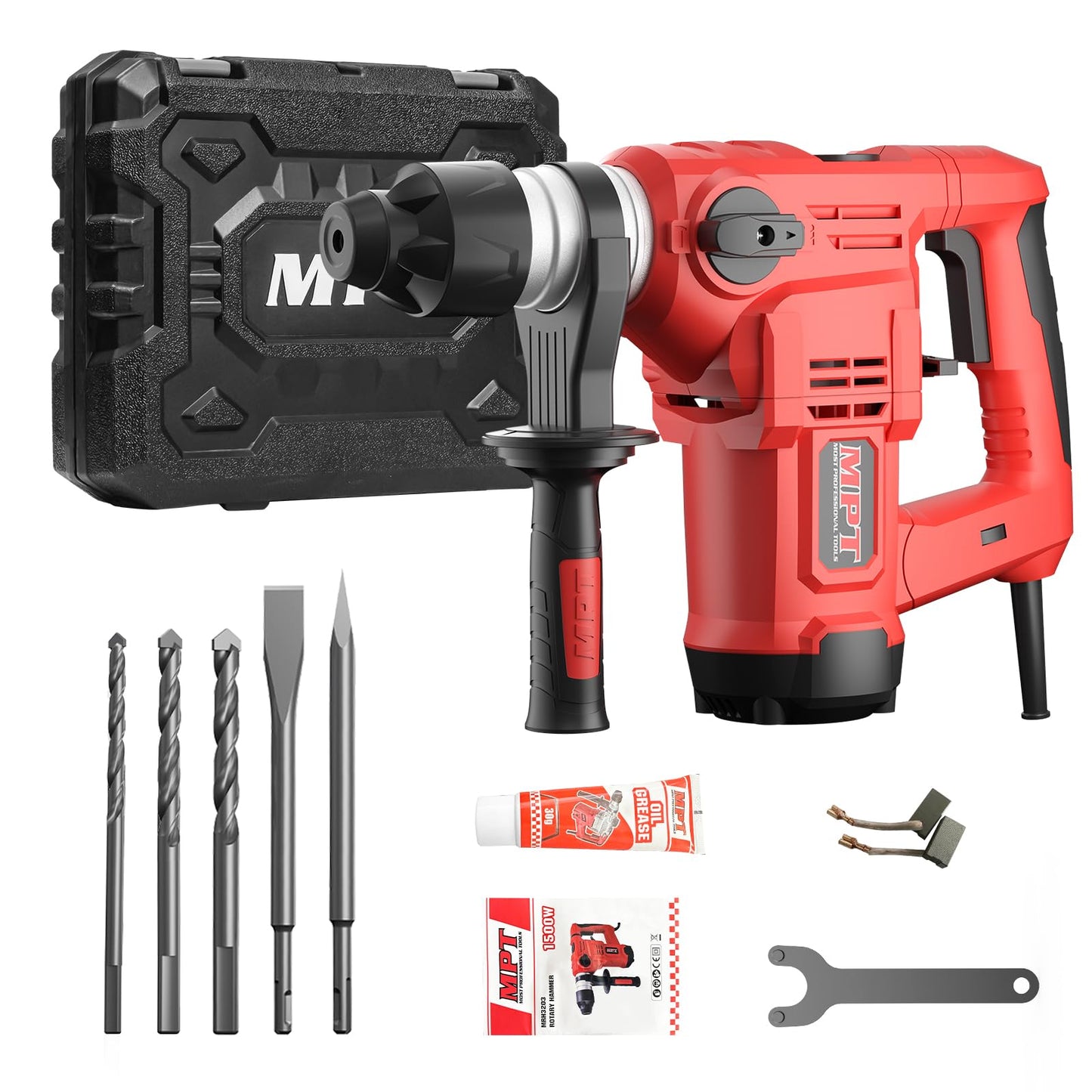 MPT 1-1/4 Inch SDS-Plus 13 Amp Heavy Duty Rotary Hammer Drill With Vibration Control And Safety Clutch,32mm For Concrete Including 5 Drill Bits,Point Chisel,Flat Chisel - WoodArtSupply