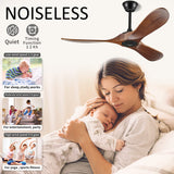 BOOSANT 52" Ceiling Fans Without Lights, Solid Wood Ceiling Fan with Remote Control and DC Motor, Ceiling Fan no Light with 3 Blades, Indoor Outdoor Ceiling Fans for Patios, Bedroom- Dark Walnut BOOSANT