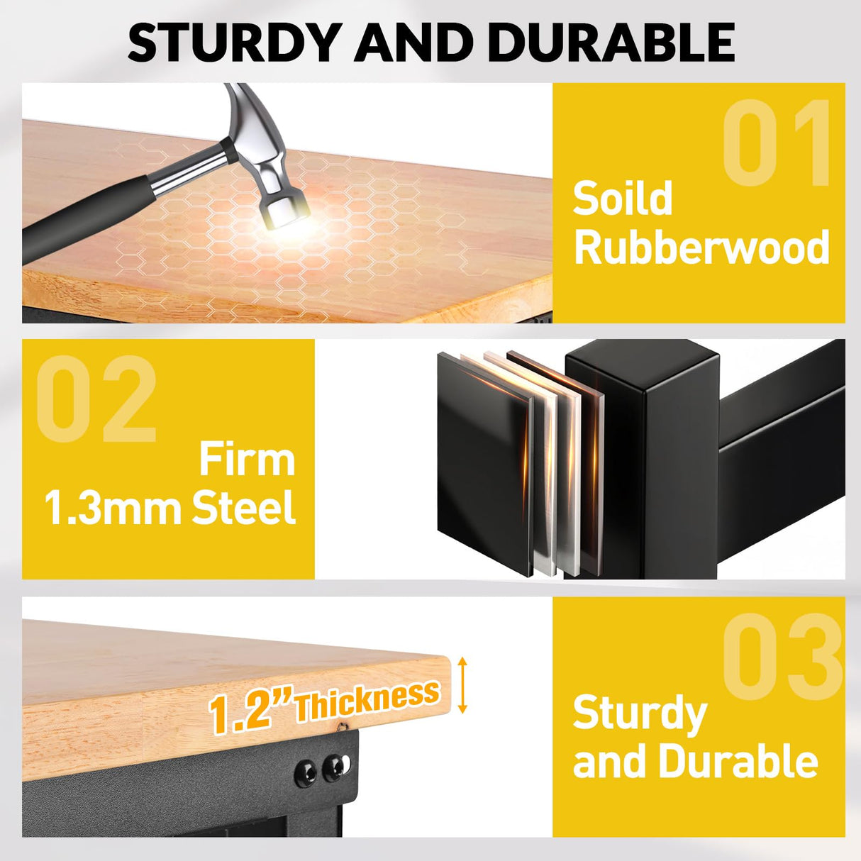 MUWOOD 48" Workbench with Drawers, Adjustable Height Work Bench 2000 LBS Heavy-Duty Work Table Rubber Wood Work Station with Power Outlet & Pegboard for Garage, Office, Workshop, Home, Party Shop MUWOOD