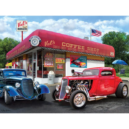 Bits and Pieces – Large 300 Piece Jigsaw Puzzle for Adults – Val's Coffee Shop - Classic Americana Car Stop Restraunt Jigsaw Puzzle by Artist Greg Giordano, Completed Puzzle Size: 18" x 24"