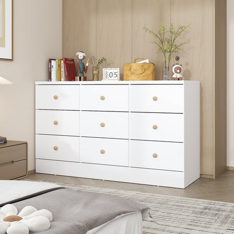 WOODTIME White 9 Drawer Dresser for Bedroom, 47.2“L Wooden Double Dresser, Modern Chest of Drawers Storage Organizer Dresser for Entryway Hallway WOODTIME
