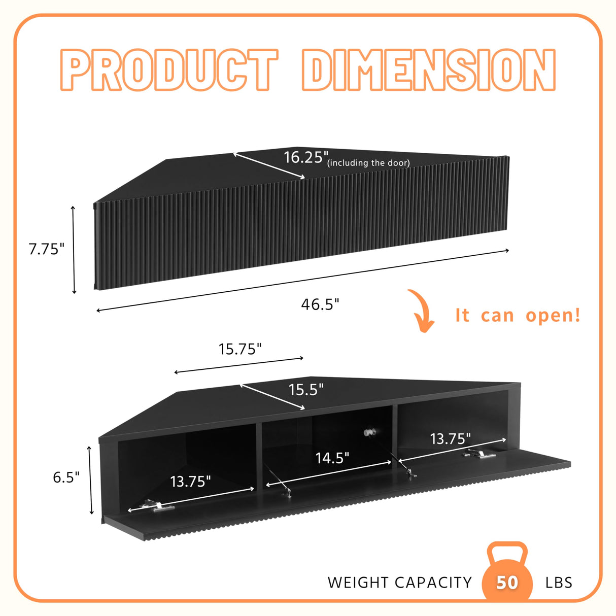 24/7 Shop at Home French 47 inch Modern Floating TV Console Table with 3D Wavy Panel Door, Wood Entertainment Center with Storage Space, Wall Corner Shelf for Living Room, Bedroom, Office, Black Pure 24/7 Shop at Home