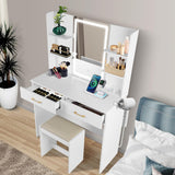 QUALIKRAFT Vanity Set with Lights and Stool, Vanity Desk with Mirror and Lights，Vanity Power Outlet,Vanity Desk with Drawers, White Vanity with Lighted Mirror，Dressing Table Set with 2 Large Drawers QUALIKRAFT