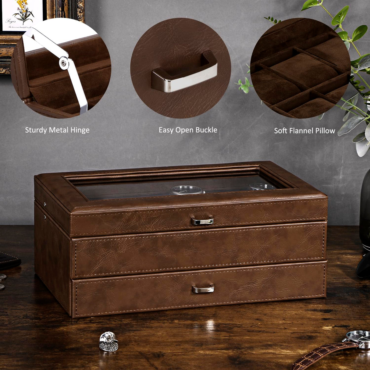 BEWISHOME Watch Box for Men Luxury Watch Organizer Faux Leather Watch Case with Jewelry Drawer, Real Glass Top, Metal Hinge, Brown SSH12Z BEWISHOME