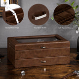BEWISHOME Watch Box for Men Luxury Watch Organizer Faux Leather Watch Case with Jewelry Drawer, Real Glass Top, Metal Hinge, Brown SSH12Z BEWISHOME
