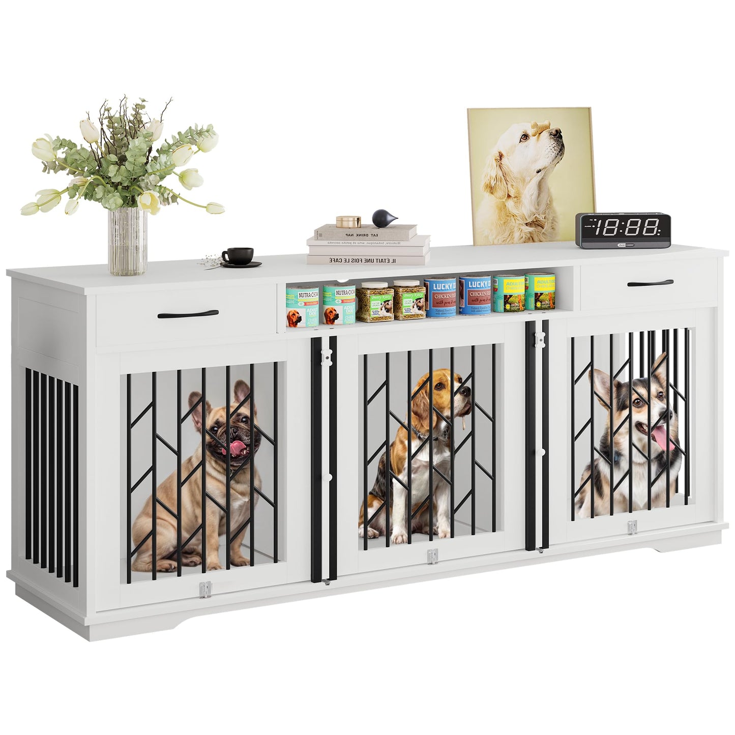 YITAHOME Dog Kennel Furniture for 3 Dogs, 71.2" Dog Crate TV Stand with 2 Drawers, Wooden Large Dog Kennel for 3 Small Medium Dogs, White