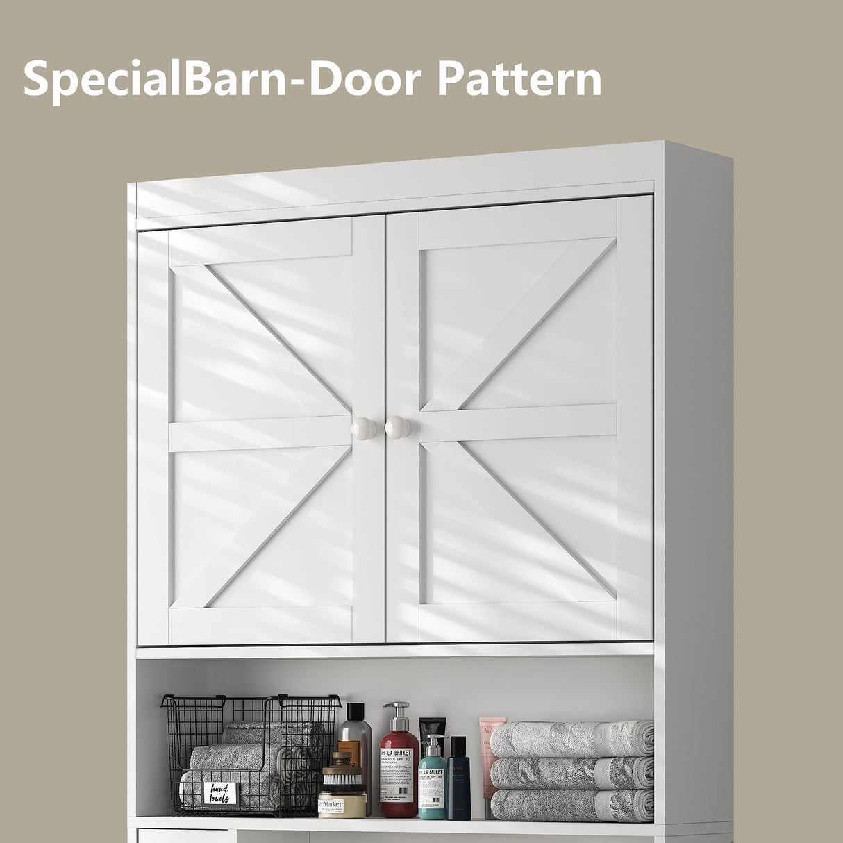 furomate Over The Toilet Storage Cabinet with Barn Doors, 32.3''W Free Standing Toilet Storage Shelf Space Saver with Adjustable Bottom Bar, White furomate