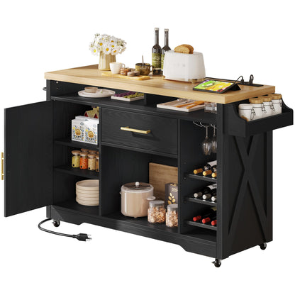 YITAHOME 50 Inch Large Kitchen Island with Power Outlet & Wine Storage, Portable Rolling Islands Cabinet on Wheels Farmhouse w Thick Table Top Drawer Glass Holder Spice Rack, Black & Oak