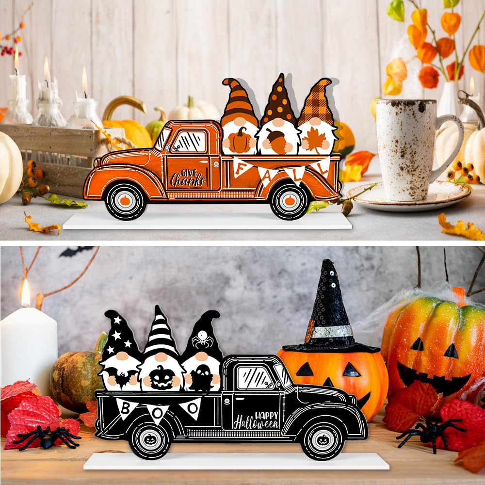 DULEFUN Halloween Fall Wooden Table Sign Decorations Double-sided Halloween and Thanksgiving Gnome Truck Sign Tabletop Ornaments for Autumn Harvest Party Home Farmhouse Decorations Supplies DULEFUN