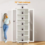 Teekyooly 70" Tall Display Cabinet Storage, Pantry Cabinet with 2 Doors and 6 Adjustable Shelves, Standing Utility Cabinet for Dining Room, Food Storage and Kitchen, Clear and White Teekyooly