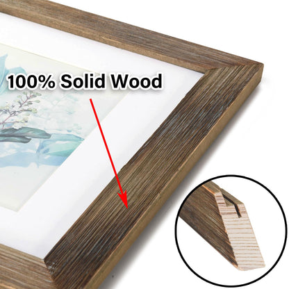 KAIWIN 100% Solid Wood Brown 11x14 Picture Frame 2 Pack Display Picture 8x10 with Mat, HD Glass Inside, Rustic Wooden Photo Frames for Wall Mounting