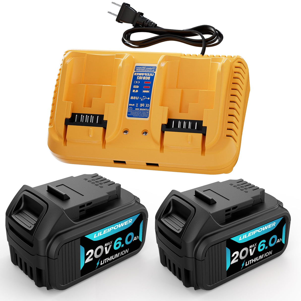 LILEIPOWER 2Pack 20V 6.0Ah Battery Replacement for Dewalt 20V Max Battery and DCB102 Charger Combo Compatible with Flexvolt 20V/60V Battery DCB206 DCD/DCF/DCG/DCS Cordless Power Tools LILEIPOWER