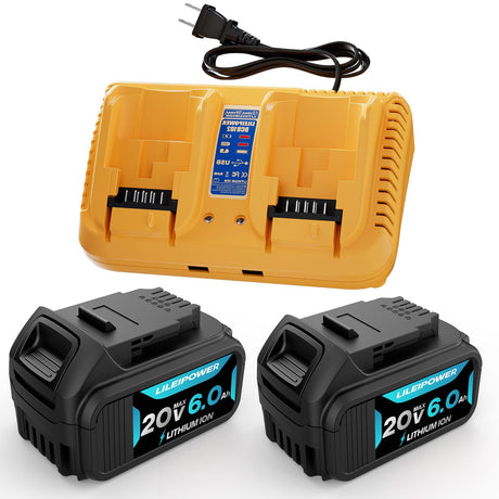 LILEIPOWER 2Pack 20V 6.0Ah Battery Replacement for Dewalt 20V Max Battery and DCB102 Charger Combo Compatible with Flexvolt 20V/60V Battery DCB206 DCD/DCF/DCG/DCS Cordless Power Tools LILEIPOWER