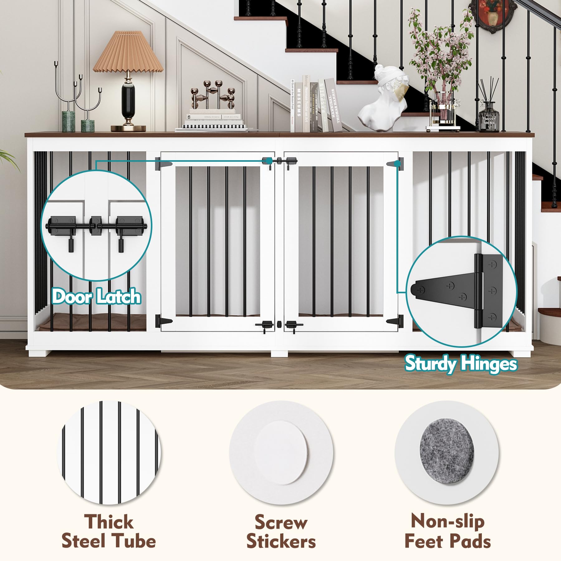 PIAOMTIEE 70.9" Large Double Dog Crate Furniture, Wooden Dog Crate Kennel Furniture with Divider & 2 Trays, Dog Crates Furniture for Large or 2 Medium Dogs Indoor, White - WoodArtSupply