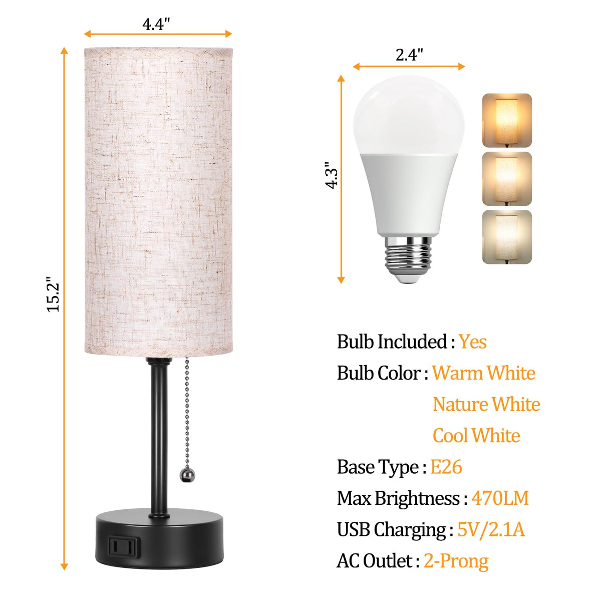 Dott Arts 15" Table Lamp for Bedroom, 3-Color Bedside Lamps with Pull Chain, Bedroom Table Lamps for Nightstand,AC Outlet Small Lamp for Living Room, Bulb Included Dott Arts