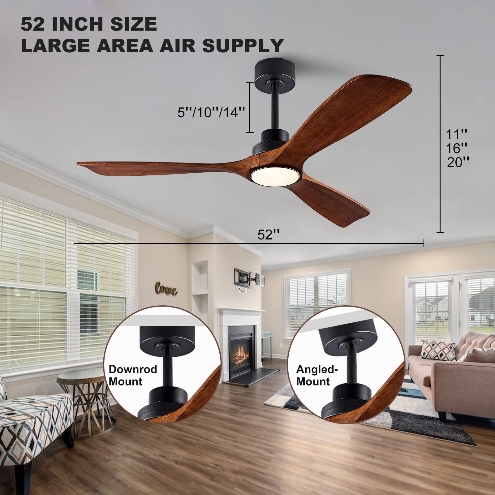 QUTWOB 52" Wood Ceiling Fan with Lights Remote Control,Quiet DC Motor 3 Blade Ceiling Fans for Patio Living Room, Bedroom, Office,Indoor Outdoor(Black+Dark Walnut) - WoodArtSupply