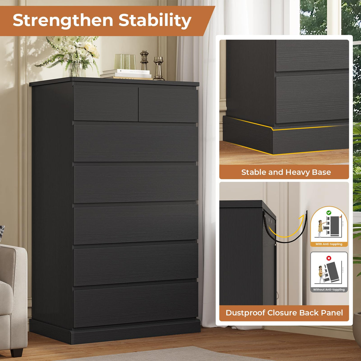 DICTAC Black Tall Dresser for Bedroom with 7 Drawers, 51.8" Tall Dressers & Chests of Drawers, Modern Wood Closet Organizer and Storage Cabinet, Large Vertical Dresser for Bedroom, Closet, Hallway DICTAC