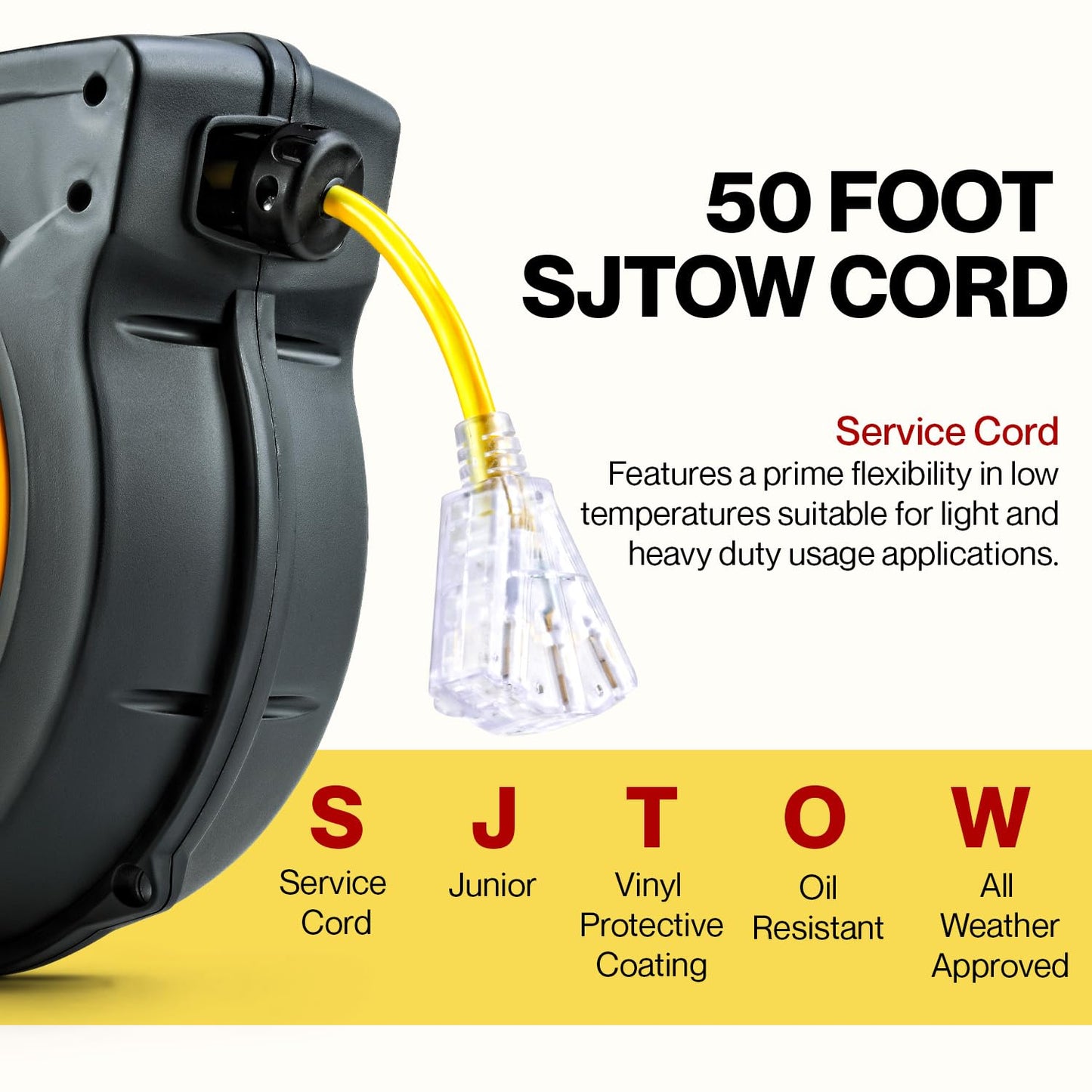 ReelWorks Extension Cord Reel Retractable 12AWG x 50' Foot 3C/SJTOW Glow Strip Cable and Lightup Triple Tap Connector Advanced Slow Retraction Technology (SRT) - WoodArtSupply