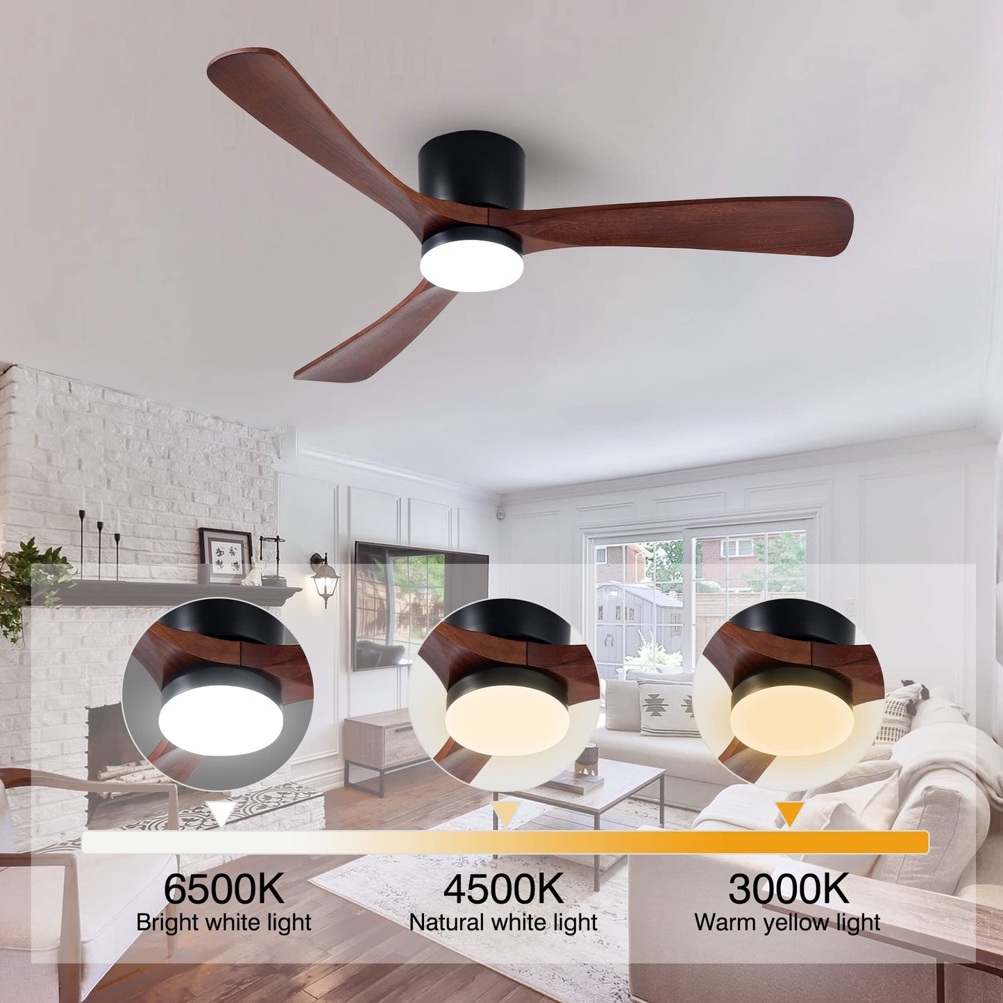 HUMHOLD 52" Wood Ceiling Fan with Lights Remote, Reversible DC Motor 6-Speed Ceiling Fan, 3 Blades Low Profile Flush Mount Ceiling Fans, Modern Ceilingfans for Low Profile, Walnut and Matte B - WoodArtSupply