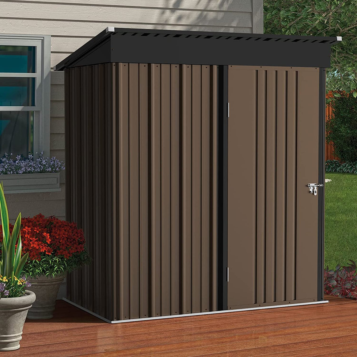 LEMBERI 5x3 FT Outdoor Storage Shed with Floor,Tool Garden Metal Sheds with Lockable Door,Outside Waterproof Galvanized Steel Storage House for Backyard Garden, Patio, Lawn Brown LEMBERI