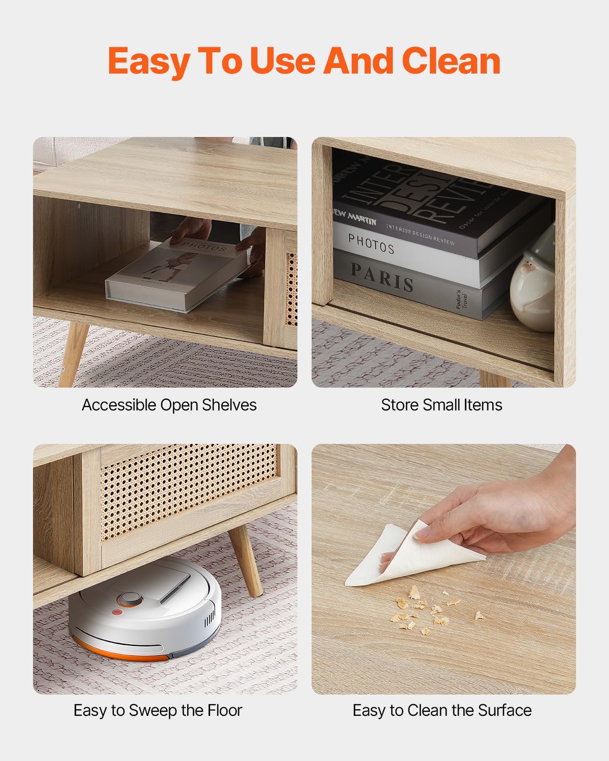 VEVOR Rattan Coffee Table, Mid Century Modern Coffee Table, Rectangle Wood Coffee Table, 42 Inch Modern Boho Style Two Layers Storage Coffee Table, for Living Room, Bedroom & Small Spaces VEVOR