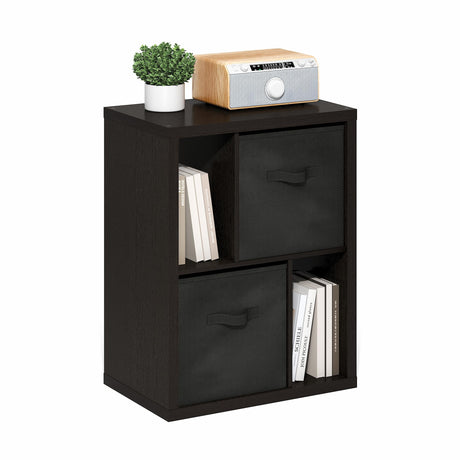 Furinno Viola Storage Shelf, 4-Tier Storage Rack with Bins, Book Shelf, Bookshelf, Display Rack with Drawer Bins, Extra Thick Frame, for Organization, Living Room, Home Office, Black Dark Oak Furinno