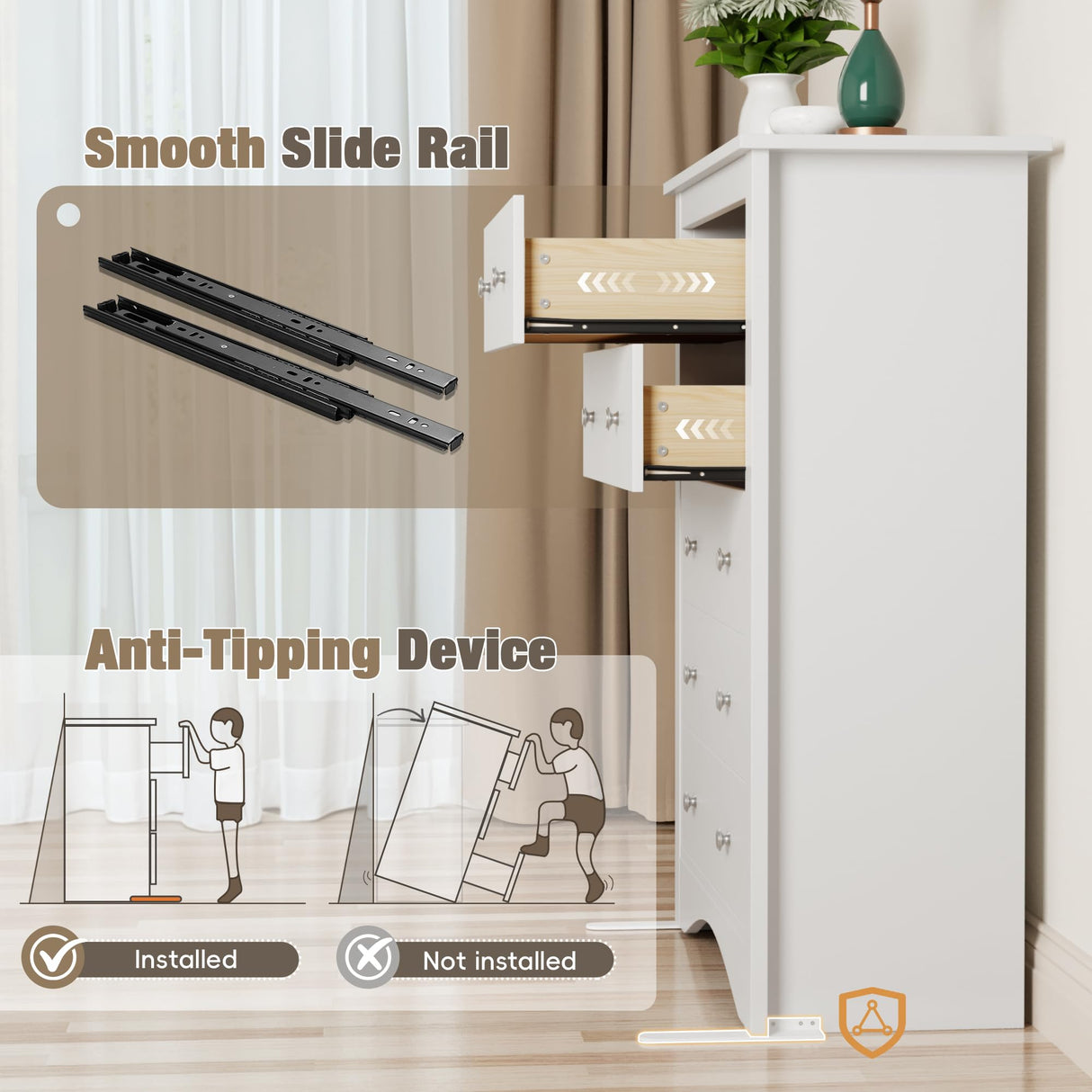 Furmax Tall Dresser for Bedroom, 5 Drawer Dresser, Chest of Drawers, Organizer Drawers, for Hallway Entryway (White) Furmax