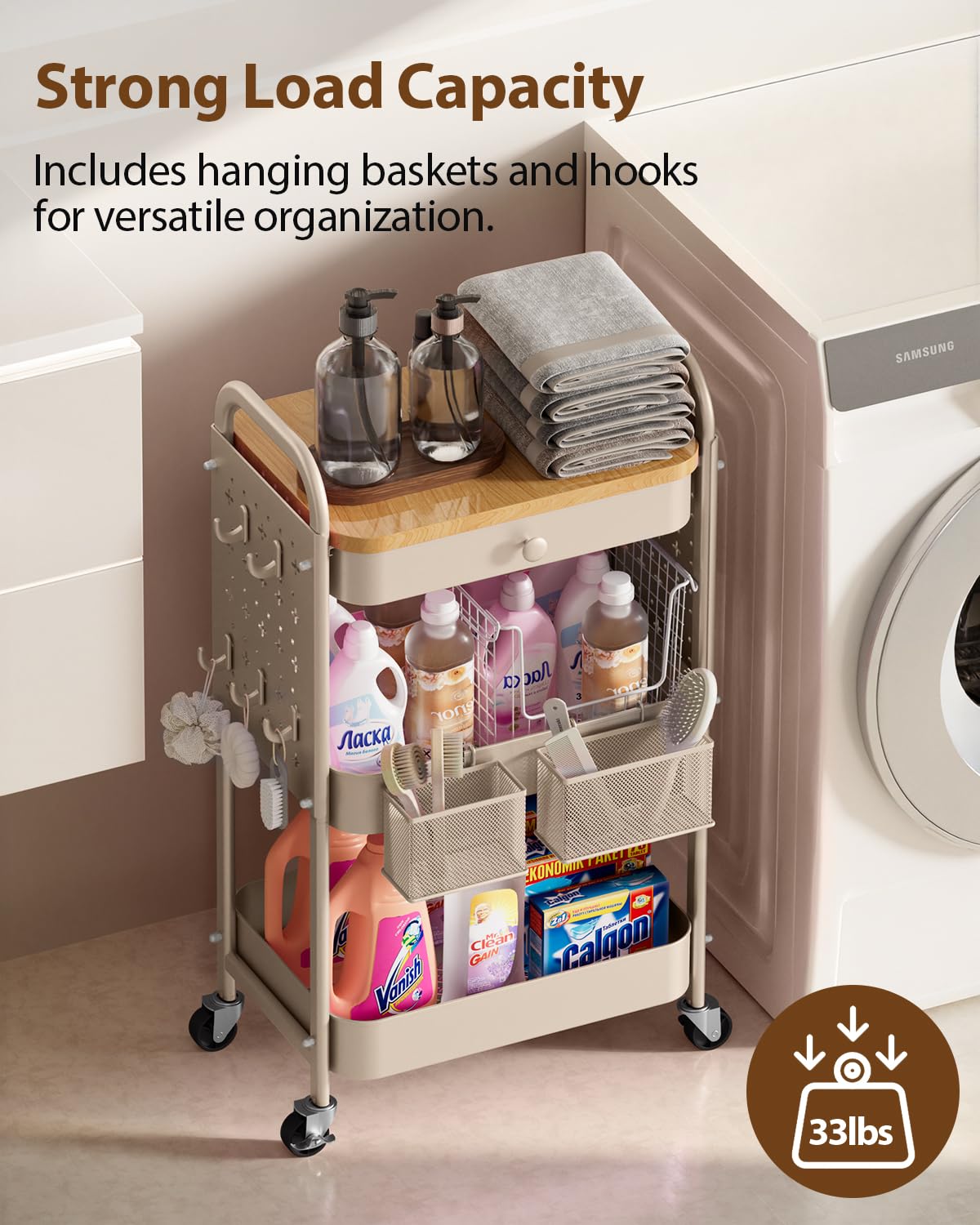 ALVOROG Rolling Cart with Drawer and Wood Table Top, 3 Tier Metal Rolling Utility Cart on Wheels with DIY Pegboards, Hanging Baskets, Hooks for Kitchen, Bedroom, Office, Craft Supplies ALVOROG