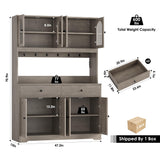 HIFIT 71" LED Kitchen Pantry Cabinet with Power Outlet, Large Kitchen Hutch Storage Cabinet with Arched Door, Shelves, 2 Drawer, Tall Farmhouse Coffee Bar w/Hutch for Home Dining Living Room, Ash Grey HIFIT