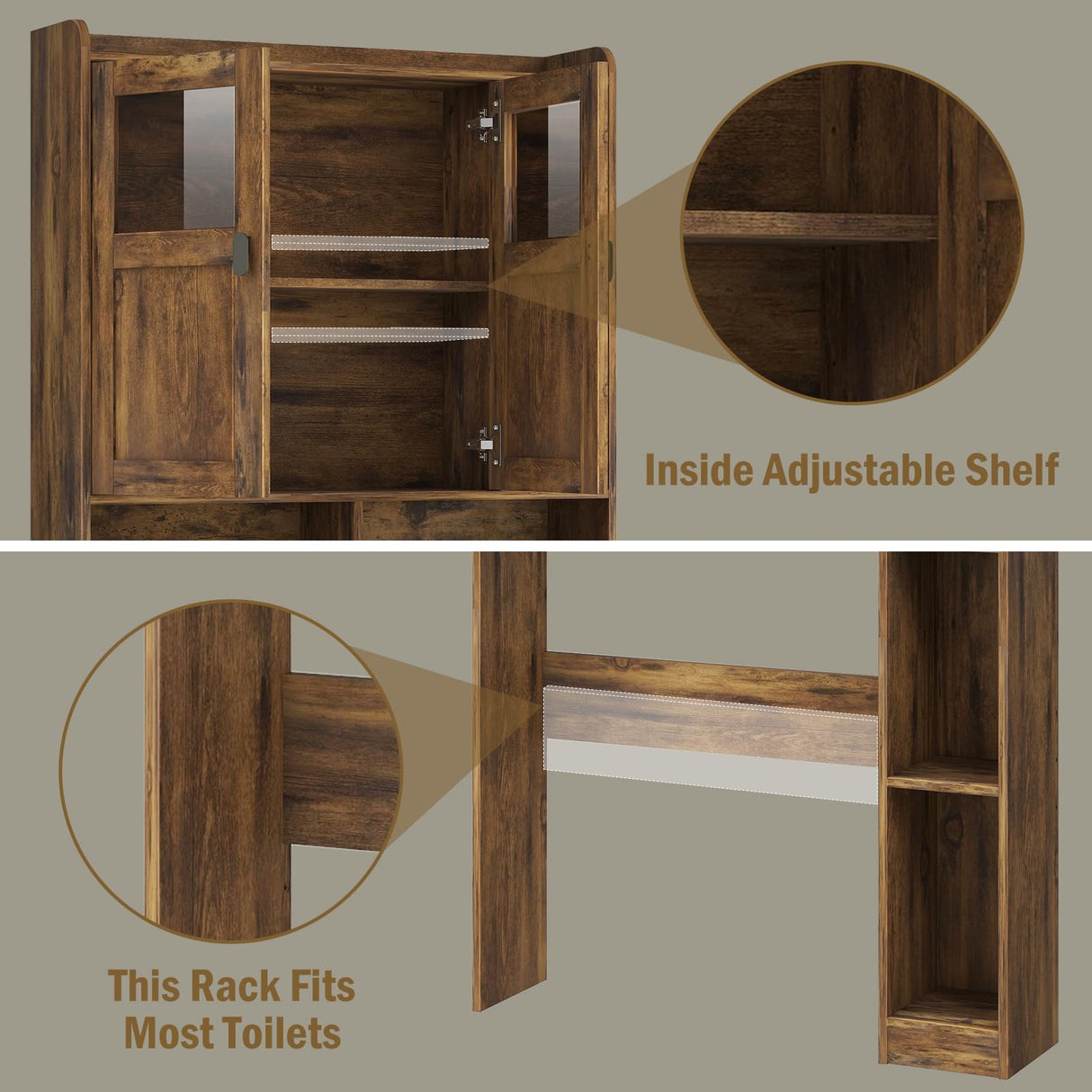 Vabches Over The Toilet Storage Cabinet, Bathroom Shelf Over Toilet with Glass Doors and Adjustable Shelves, Brown Freestanding Home Space Save Toilet Rack, for Restroom, Bathroom, Laundry Vabches