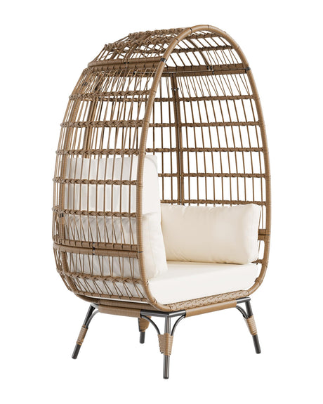 Oversized Wicker Egg Chair Outdoor, Patio Lounge Chair with Ultra Luxury Cushions & Steel Frame, 350LBs Capacity Egg Chair Indoor Outdoor for Balcony, Patio, Living Room, White GarveeHome