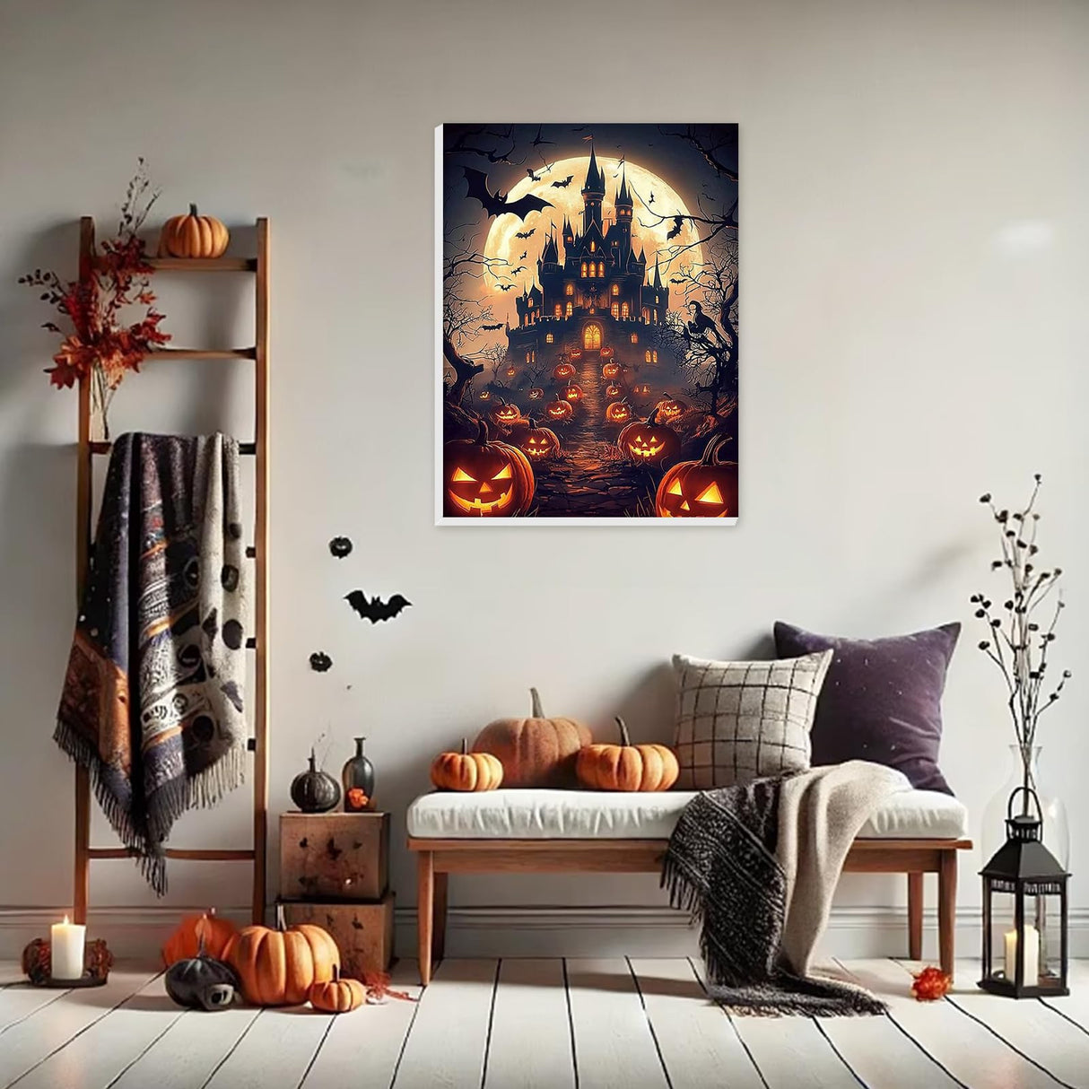 HEIBAGO Halloween Framed Paint by Numbers Kit for Adults, Castle Pumpkin Paint by Numbers for Beginner, Moon Adult Paint by Number Kits on Canvas, Painting by Numbers for Home Wall Decor 12 * 16 inch HEIBAGO
