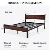 SHA CERLIN 14-Inch Full Size Metal Platform Bed Frame with Rustic Wooden Headboard and Footboard SHA CERLIN