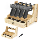 QWORK Wood Pistol Rack Gun Safe - Handgun Rack for Gun Cabinet Storage, with Additional Magazine and Bullet Storage Drawer, 12.2" x 7.6" x 8.5", Pistol Rack Holder, Gun Rack Organizer QWORK