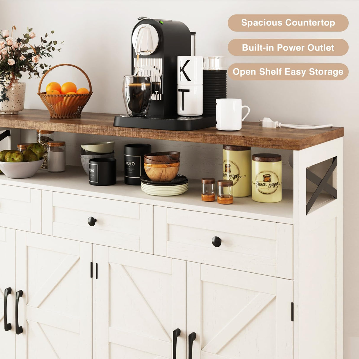 Befrases Farmhouse Buffet Cabinet with Drawers & Open Shelf, Sideboard Storage Cabinet, Kitchen Hutch Pantry, Wood Coffee Bar Station Cabinet for Kitchen, Dining Room, Hallway, 52" L White Befrases