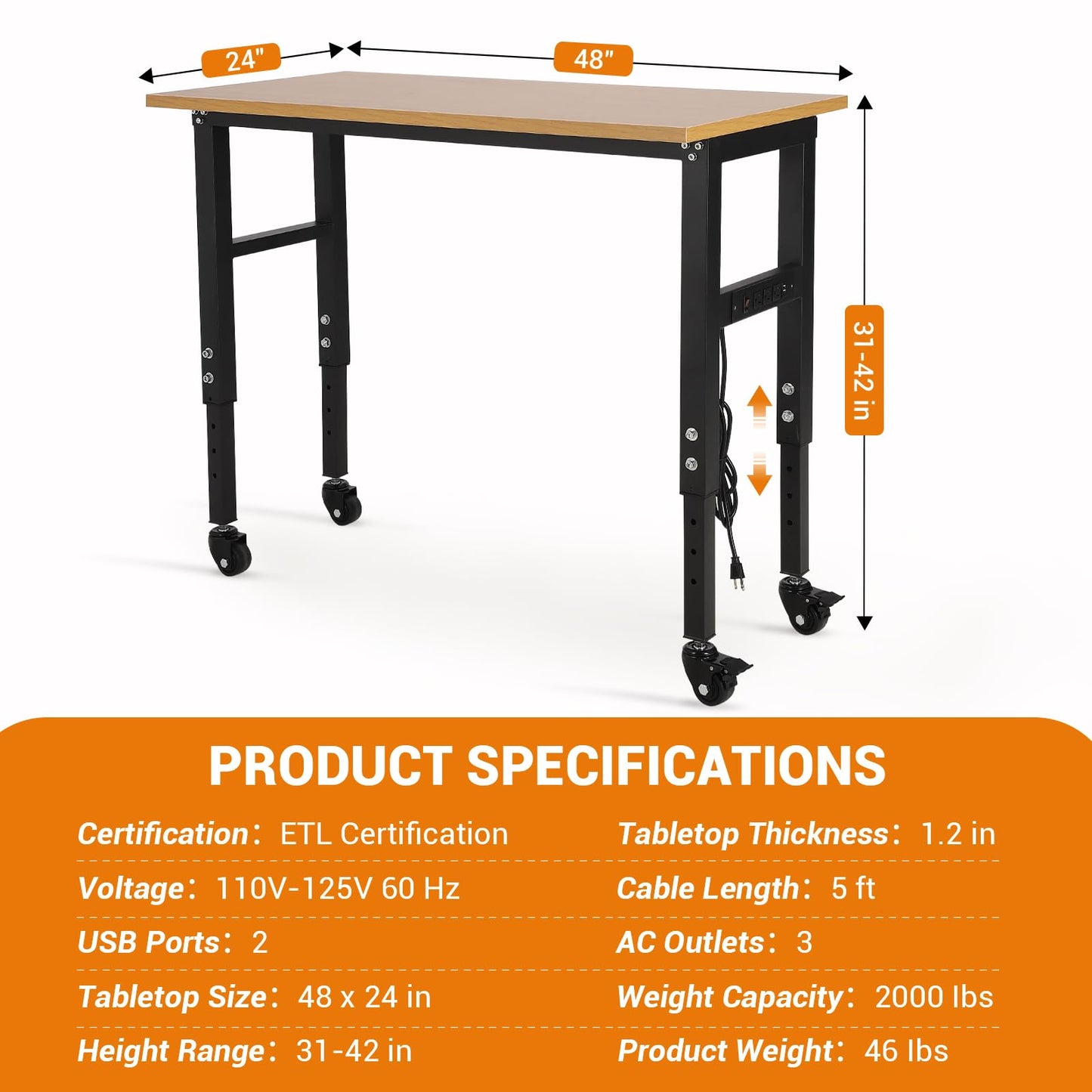 GarveeTech 48" Adjustable Height Workbench with Wheels, 48" x 24" Work Bench with Power Outlet, 2000LBS Load Capacity Workbench, Heavy Duty Workbenches for Garage