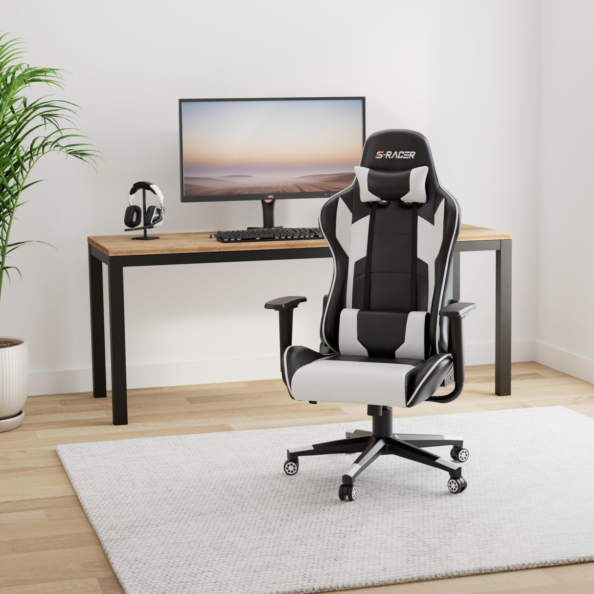 Furniwell Gaming Chair PU Leather Office Chair High Back Computer Chair Desk Chair Adjustable Swivel Racing Executive Leather Ergonomic Task Chair with Headrest and Lumbar Support (White) Furniwell