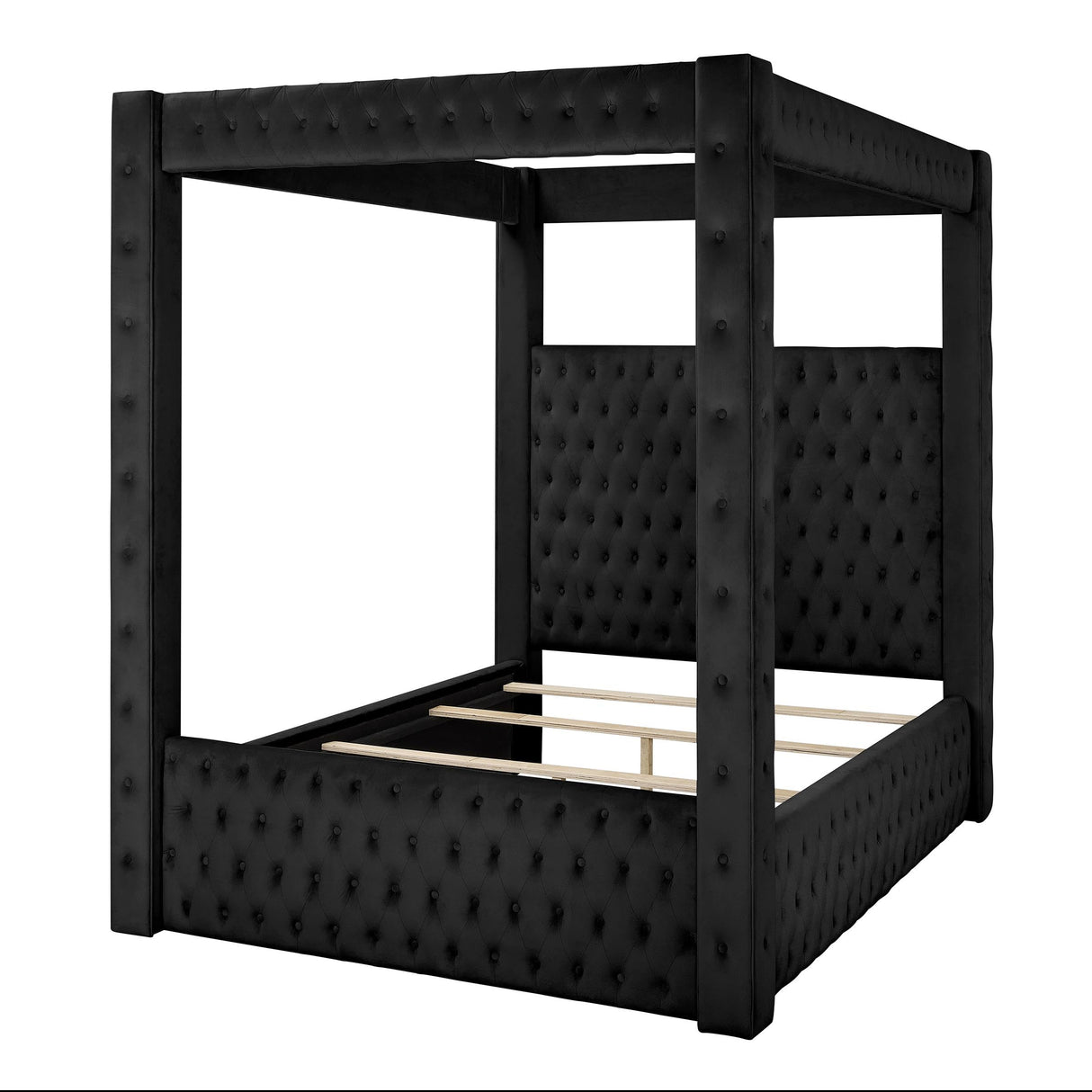 Dapedomal Velvet Four Poster Bed Frame - Upholstered Canopy Bed Frame with Exquisite Button Tufted Design and Tall Headboard, Luxury Bed Frames with Wooden Support, Box Spring Required (Black, King) Dapedomal