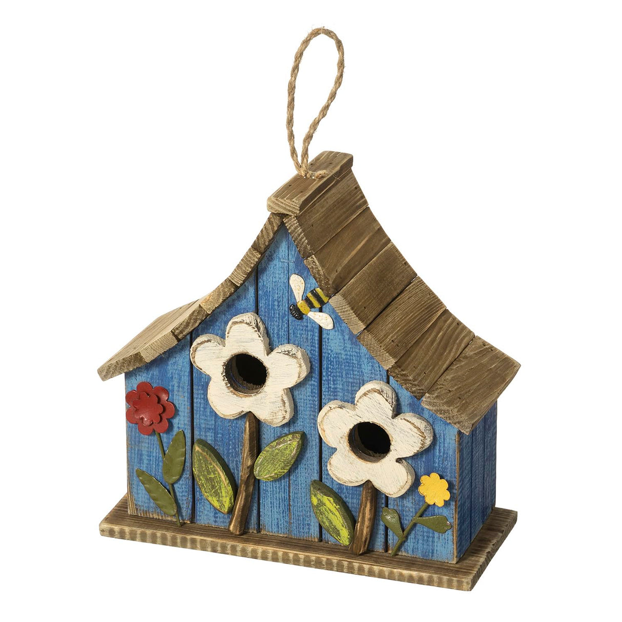 Glitzhome 10.75" L Distressed Solid Wood Hanging Birdhouse with 3D Flowers Rustic Hand-Painted Garden Bird Houses for Outdoors Decorative Glitzhome